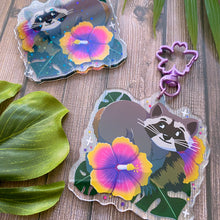Load image into Gallery viewer, Hibiscus Raccoon - 2.5" holographic acrylic keychain