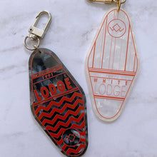 Load image into Gallery viewer, Twin Peaks BLACK & WHITE LODGE - 3.5" hotel keychain