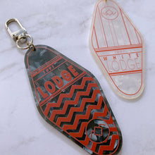 Load image into Gallery viewer, Twin Peaks BLACK & WHITE LODGE - 3.5" hotel keychain