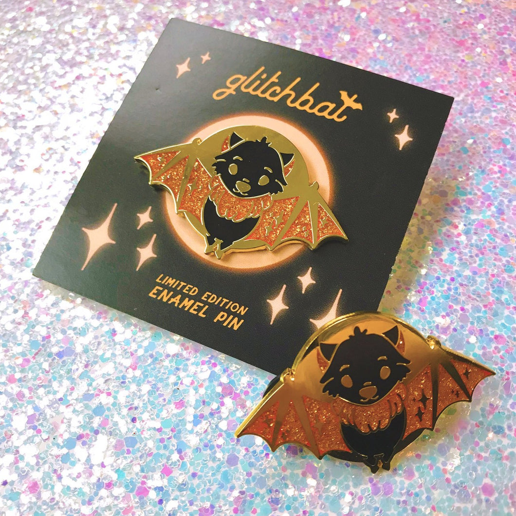 ORANGE BAT FLIGHT - gold glitter enamel pin (limited edition)